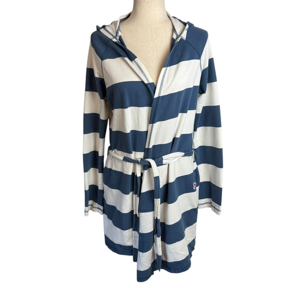 Victorias Secret PINK Striped Hooded Robe Blue White I Only Sleep In Pink XS/S